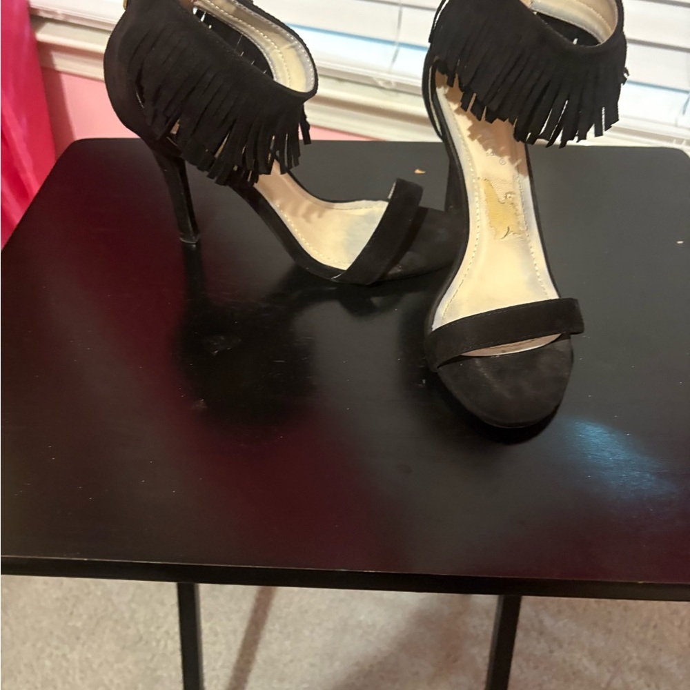 BAMBOO Black Fringe Heels